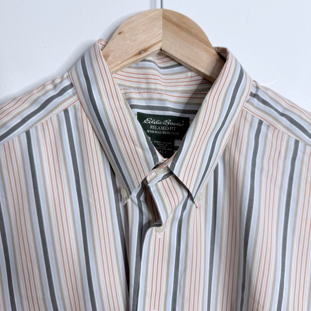 Eddie Bauer Men XL Tall Long Sleeves Button Down Shirt Relaxed Fit Striped Multi